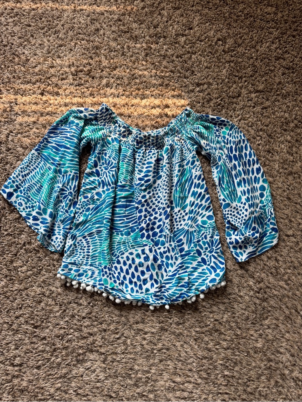 Lilly Pulitzer XS Off The Shoulder Bell Sleeve Top Pom Pom Trim Blue Print